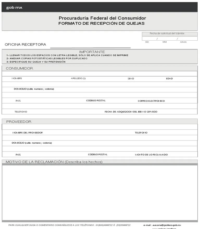 Formato de Recepción de Quejas PROFECO